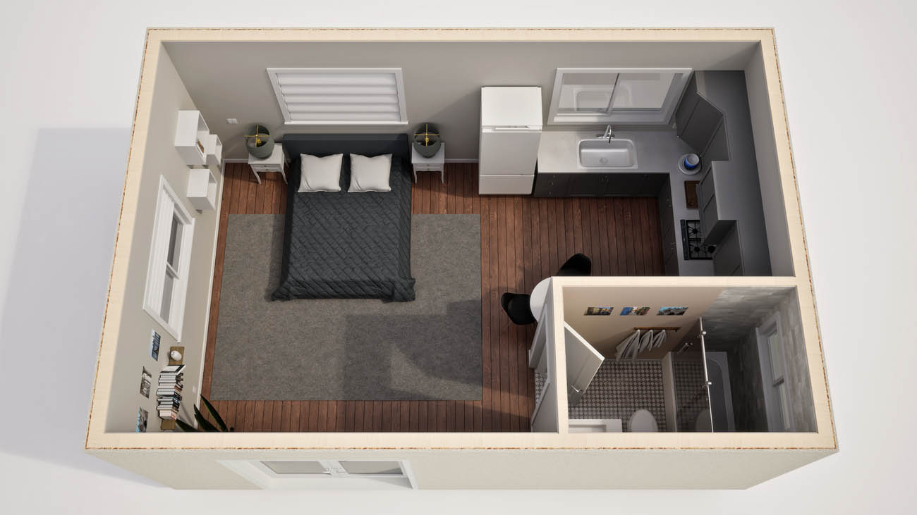 Anchored Tiny Homes Jacksonville model A-384 3D floor plan.