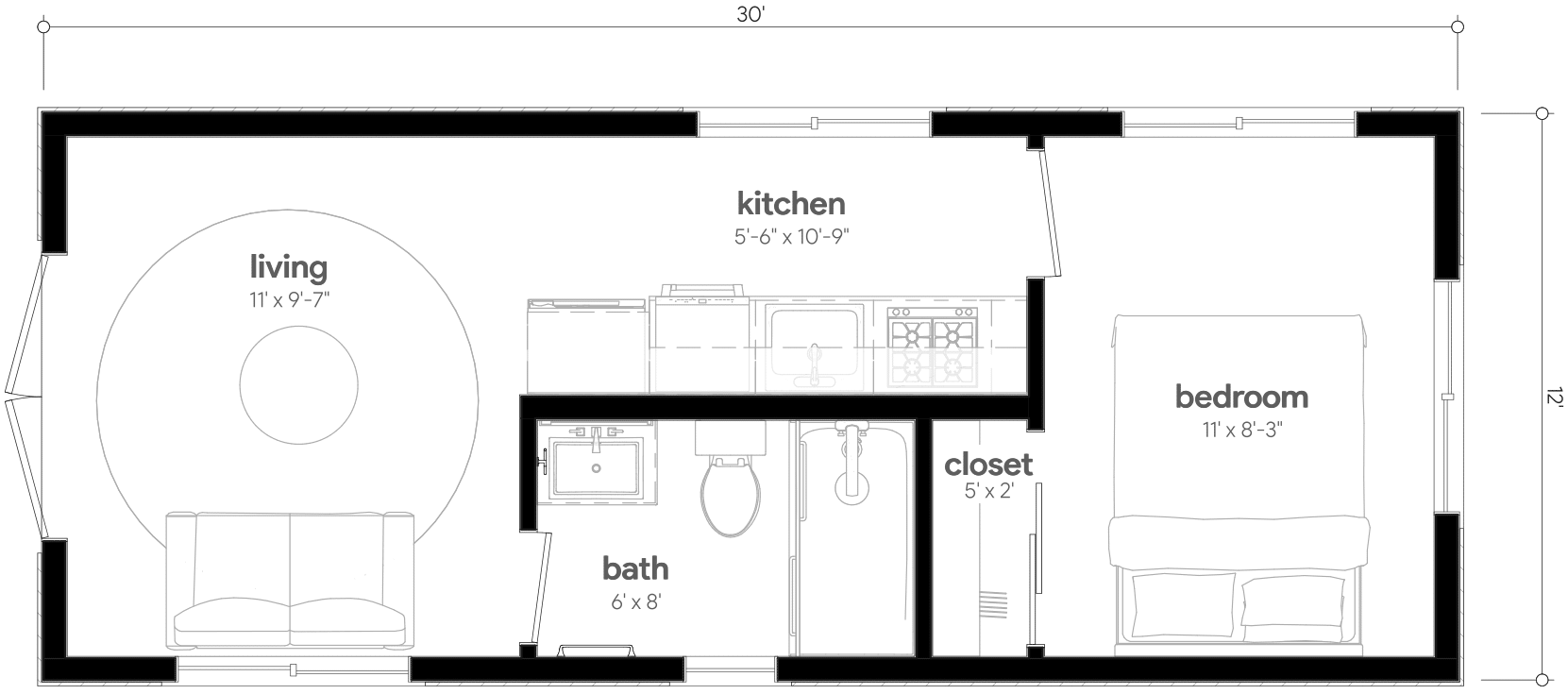 Anchored Tiny Homes model B-360 dimensions.
