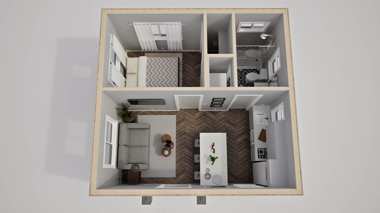 Anchored Tiny Homes Jacksonville model B-364 3D floor plan.