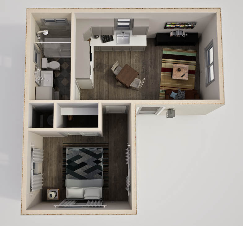 Anchored Tiny Homes model B-436 3D floor plan.