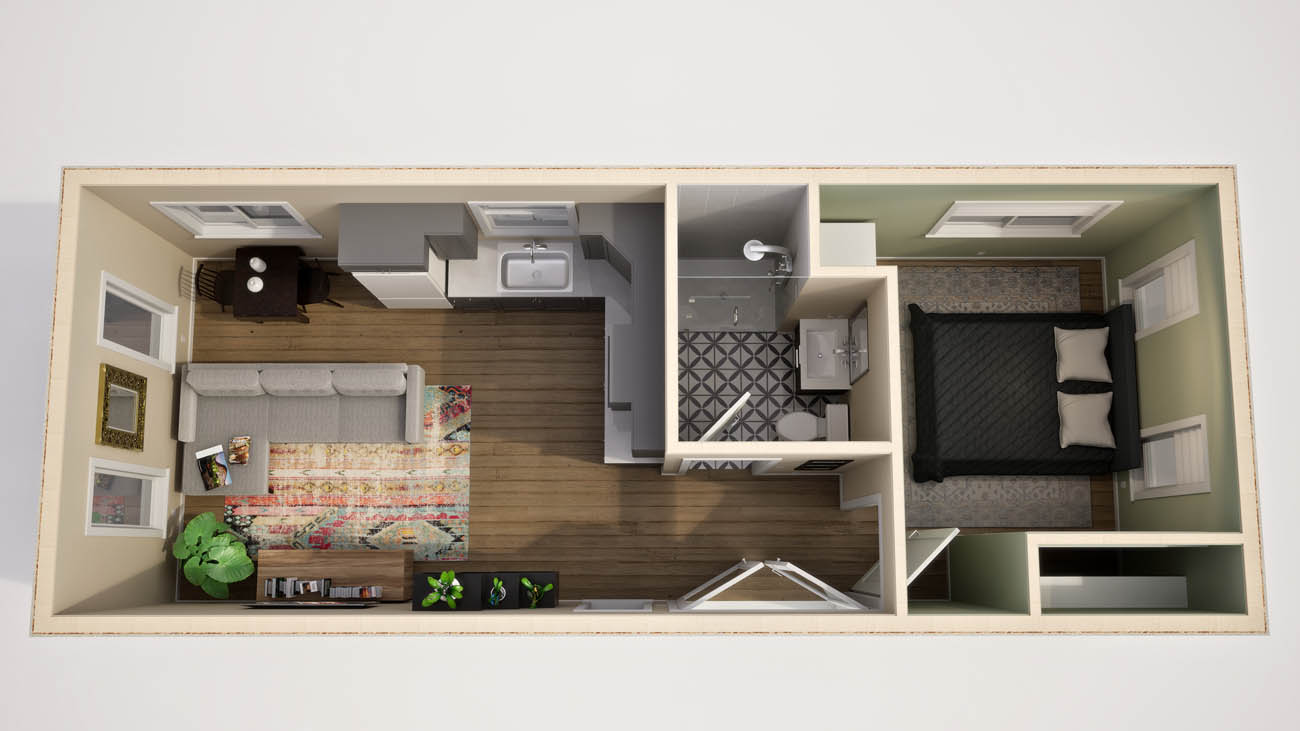 Anchored Tiny Homes model B-504 3D floor plan.