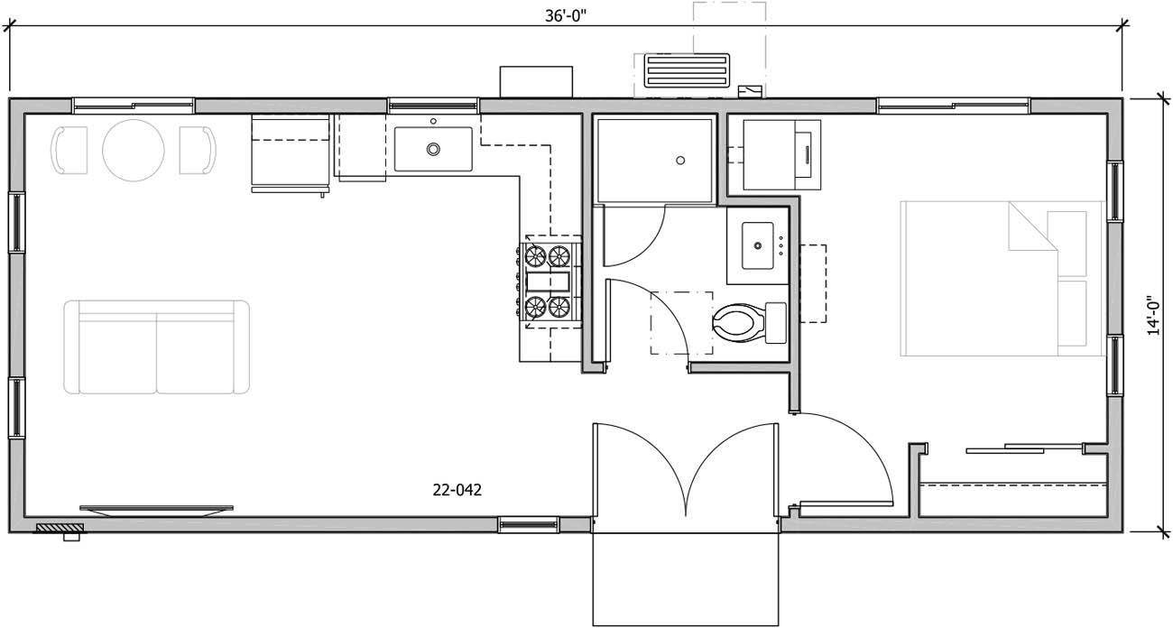 Anchored Tiny Homes Jacksonville model B-504 dimensions.