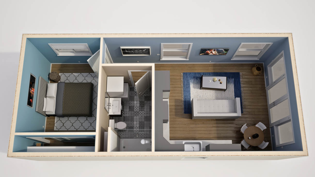 Anchored Tiny Homes Jacksonville model B-576 3D floor plan.