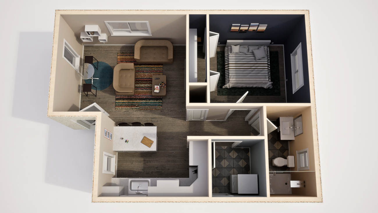 Anchored Tiny Homes Jacksonville model B-609 3D floor plan.