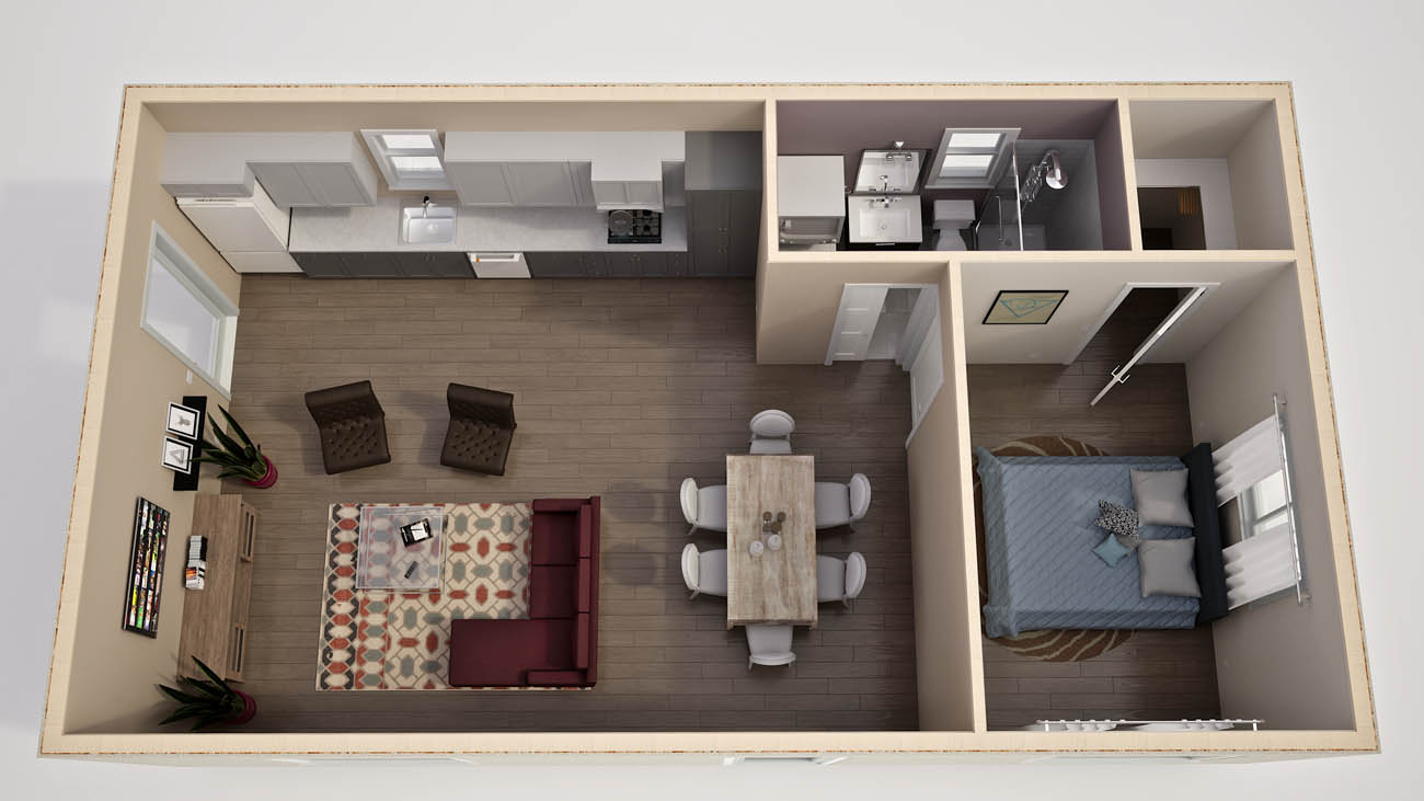 Anchored Tiny Homes Jacksonville model B-700 3D floor plan.