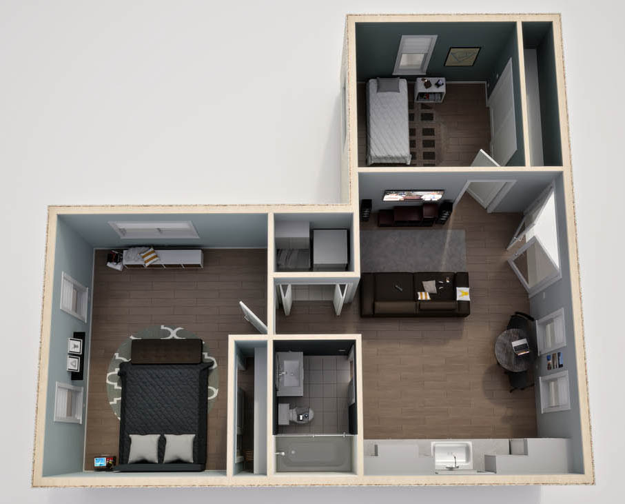 Anchored Tiny Homes Jacksonville model C-743 3D floor plan.