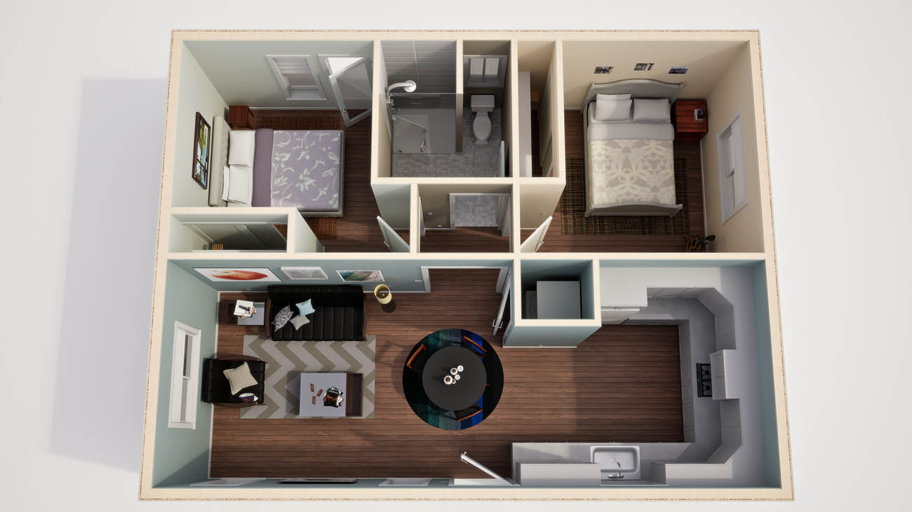 Anchored Tiny Homes model C-744 3D floor plan. 